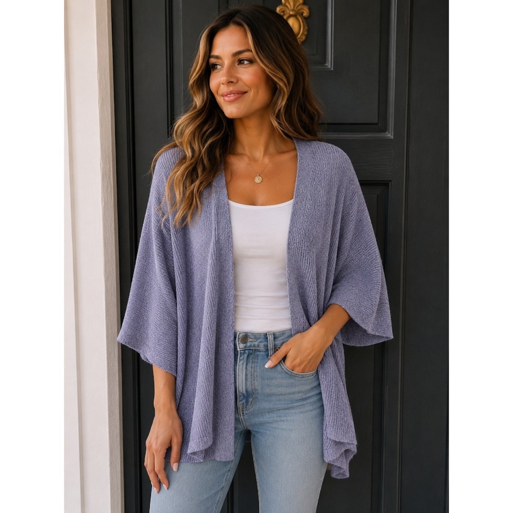 LuLaRoe Caroline Cardigan Sweater Blue Ribbed Kimono Sleeve Open Front Medium